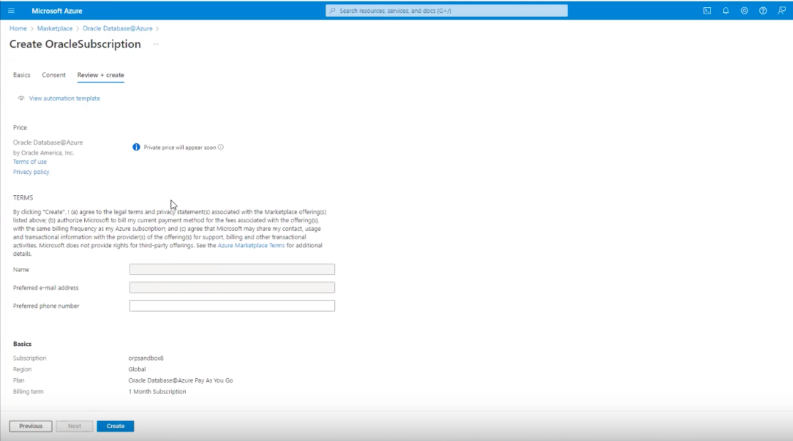 Click to expand An image of the Azure portal showing the full offer details displayed in the Review + create tab.