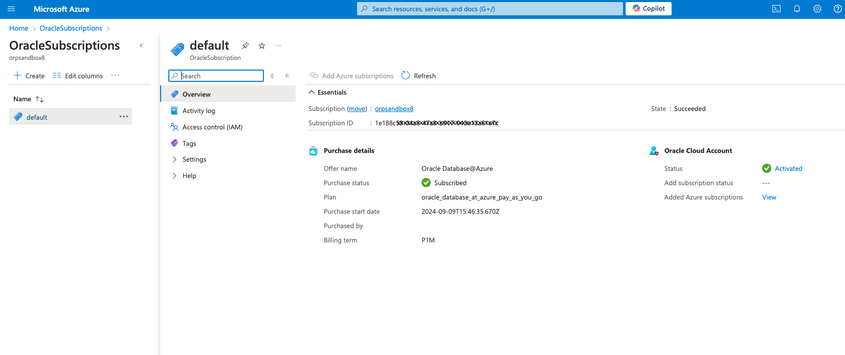 Click to expand An image of the Azure portal showing the OracleSubscription resource page.