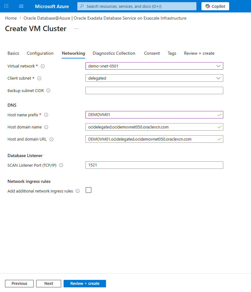 This screenshot shows the third part of creating an Exascale VM Cluster. This screenshot shows the third part of creating an Exascale VM Cluster.