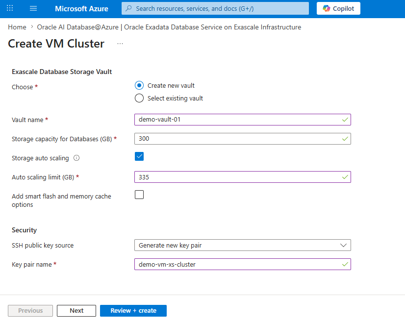 This screenshot shows the first part of creating an Exascale VM Cluster. This screenshot shows the first part of creating an Exascale VM Cluster.