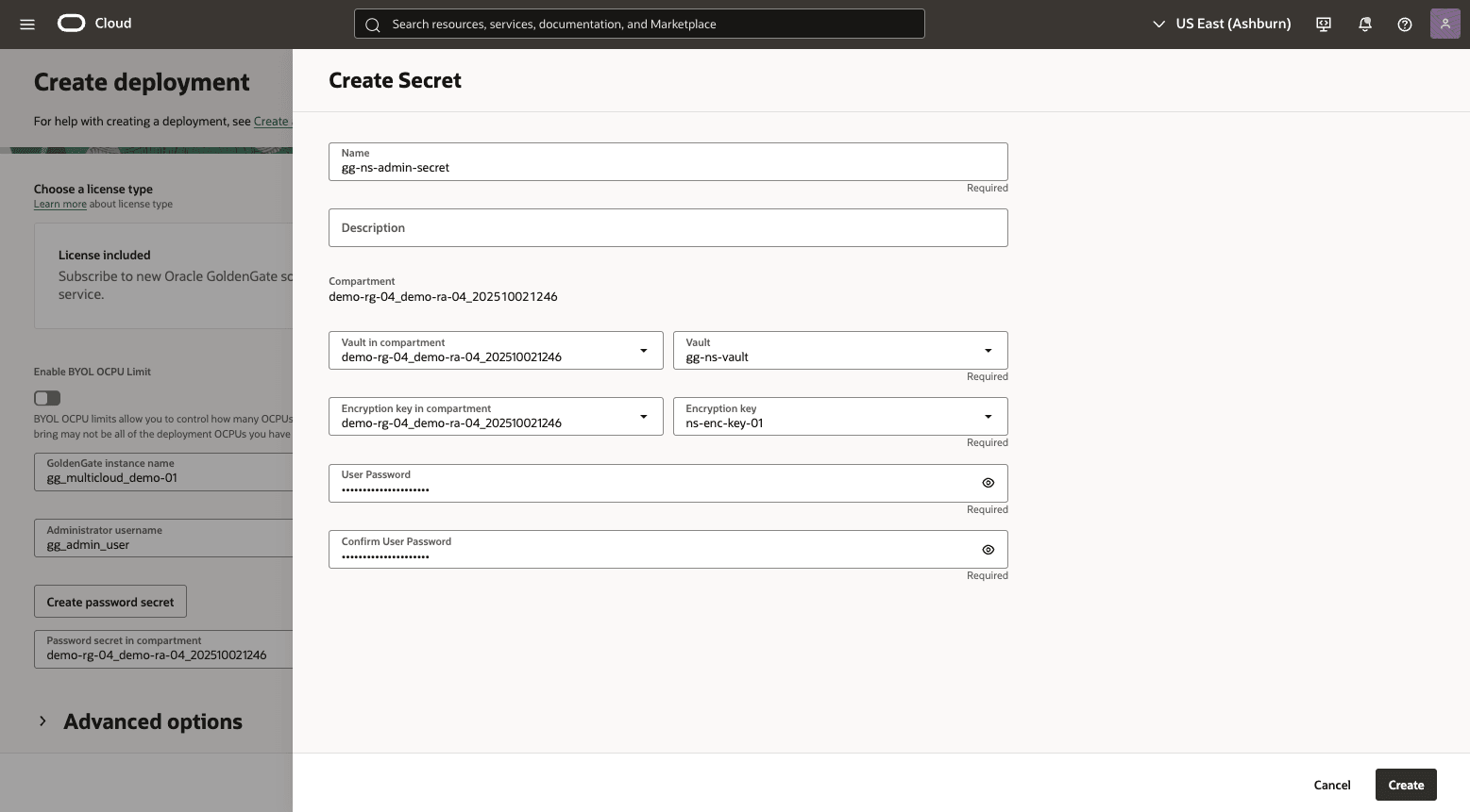 This screenshot shows how to create GoldenGate deployment. This screenshot shows how to create GoldenGate deployment.