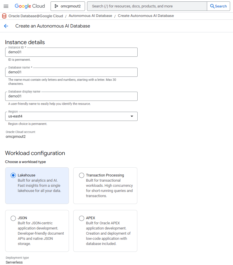 This screenshot shows how to create an Autonomous AI Database. This screenshot shows how to create an Autonomous AI Database.