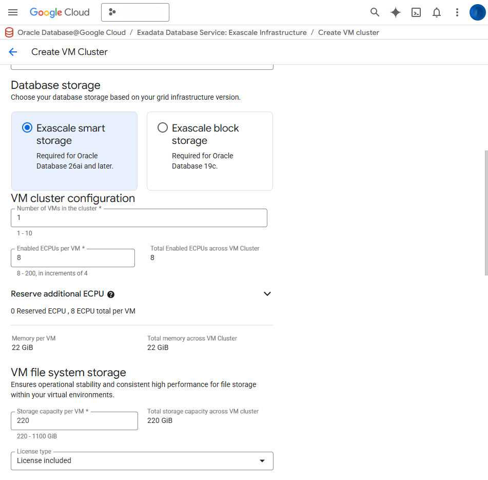 This screenshot shows how to create an Exascale VM Cluster. This screenshot shows how to create an Exascale VM Cluster.