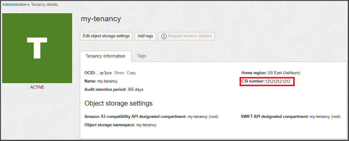 Click to expand Tenancy Details page showing CSI number